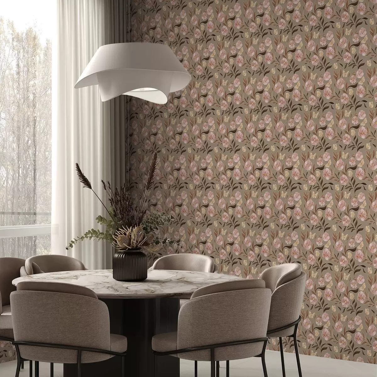 Tapete Rosa Blumen und Schmetterlinge auf olivbeigem Hintergrund a00633v2