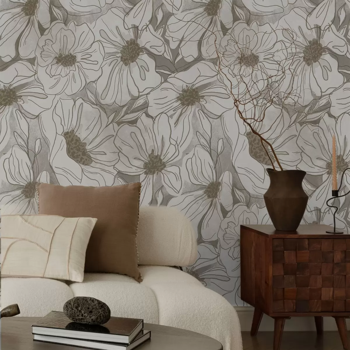 Tapete Lineare Blumen in einer monochromen beige-grauen Farbpalette a00636