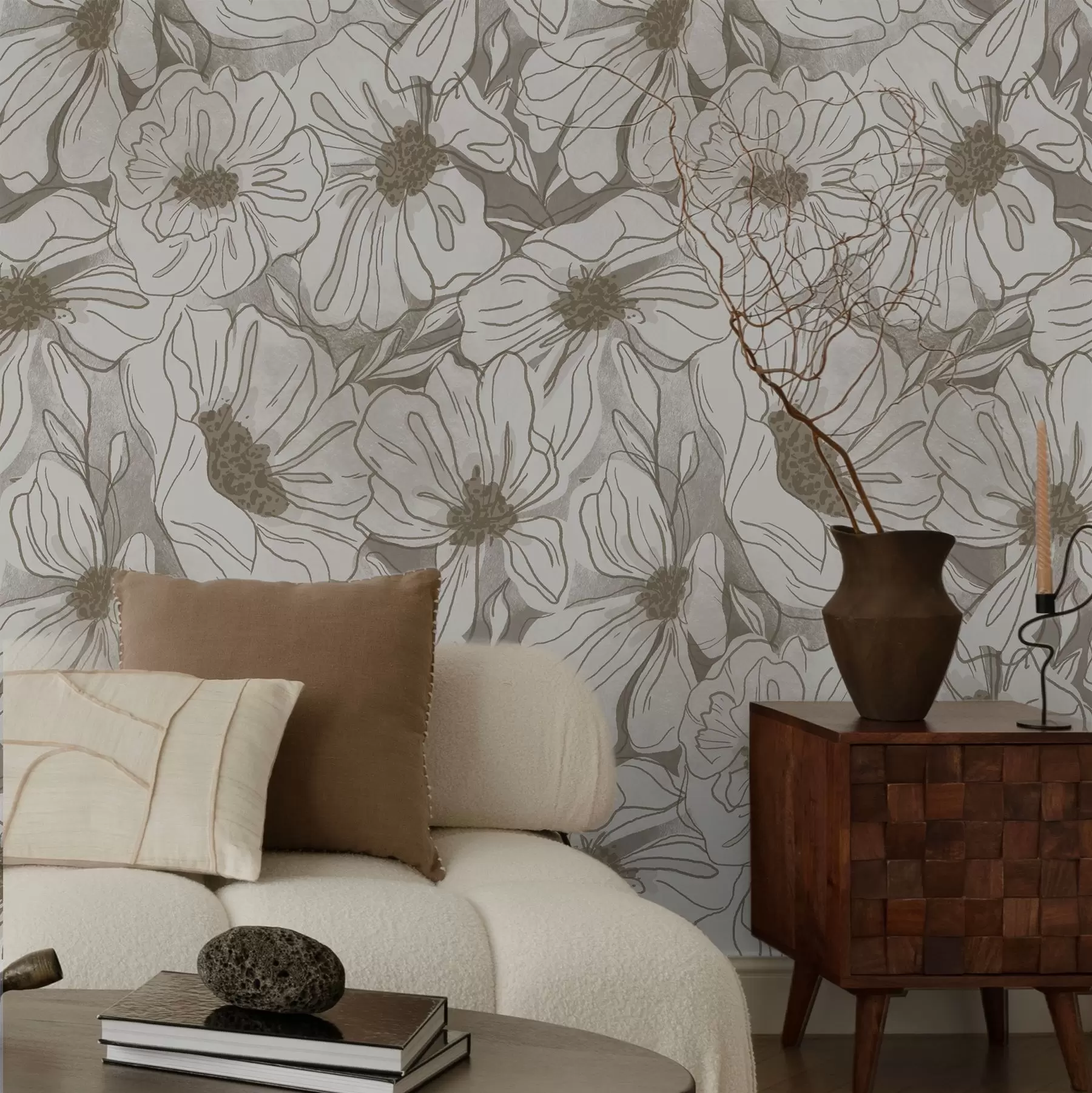 Fototapete Lineare Blumen in einer monochromen beige-grauen Farbpalette a00636