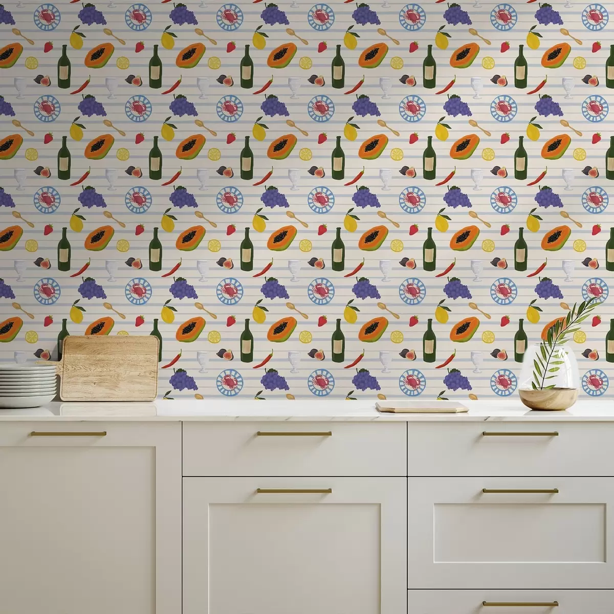 Tapete Küchenprint mit Früchten, Gläsern und Tellern a00638