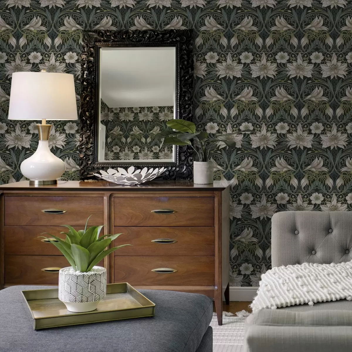 Tapete Jugendstil-Komposition mit Lilien auf dunklem Hintergrund a00696