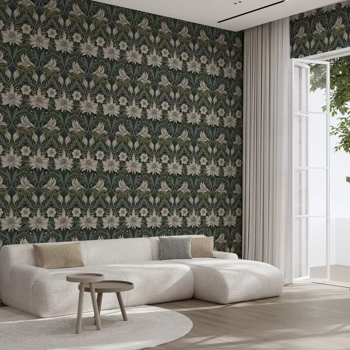 Tapete Jugendstil-Komposition mit Lilien auf dunklem Hintergrund a00696