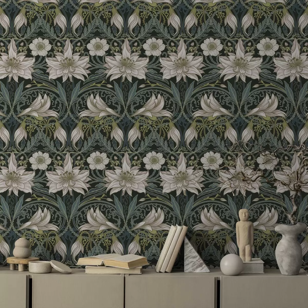Tapete Jugendstil-Komposition mit Lilien auf dunklem Hintergrund a00696 Tapete Jugendstil-Komposition mit Lilien auf dunklem Hintergrund a00696