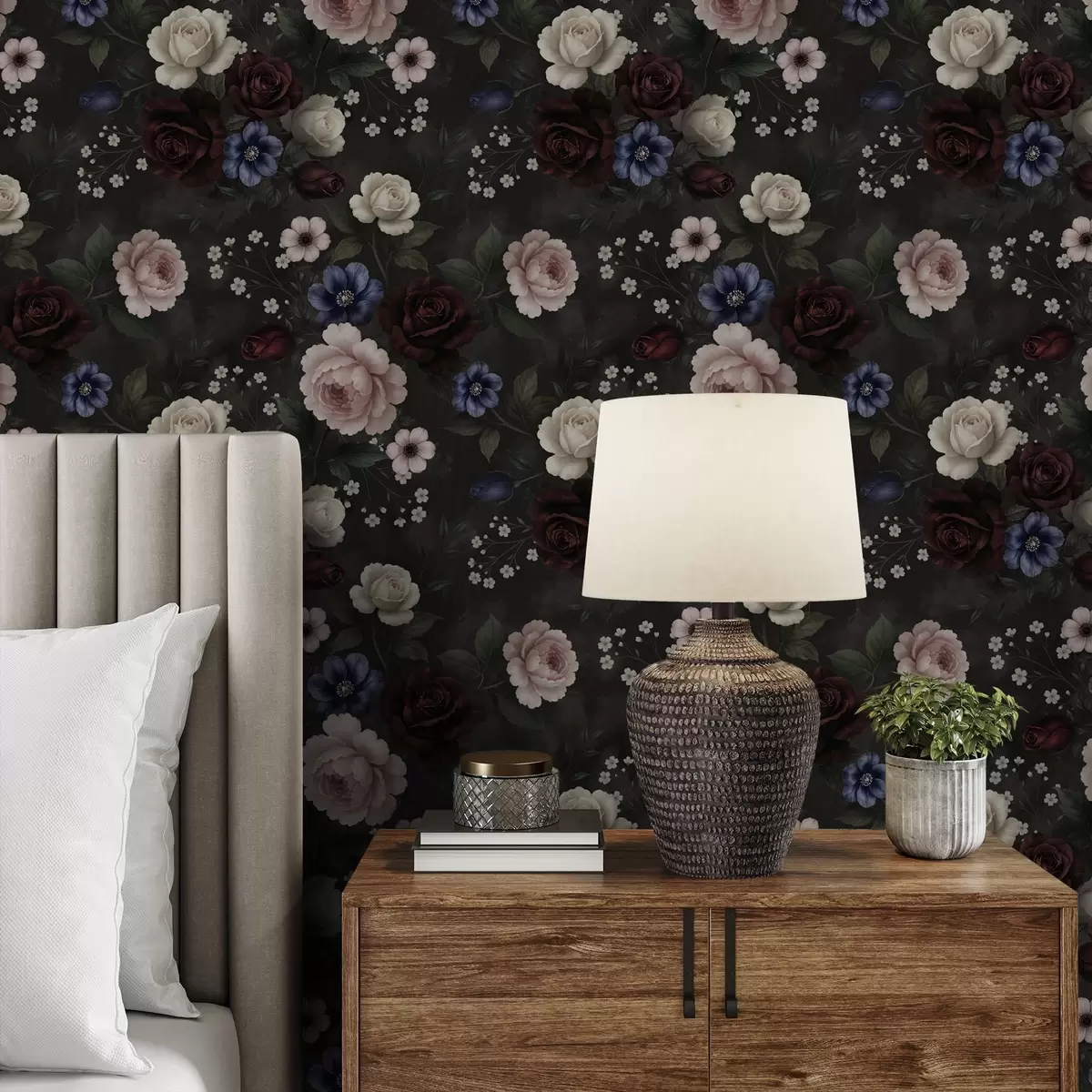 Tapete Dunkle Rosen, Anemonen und Pfingstrosen vor einem dunklen Hintergrund a00704