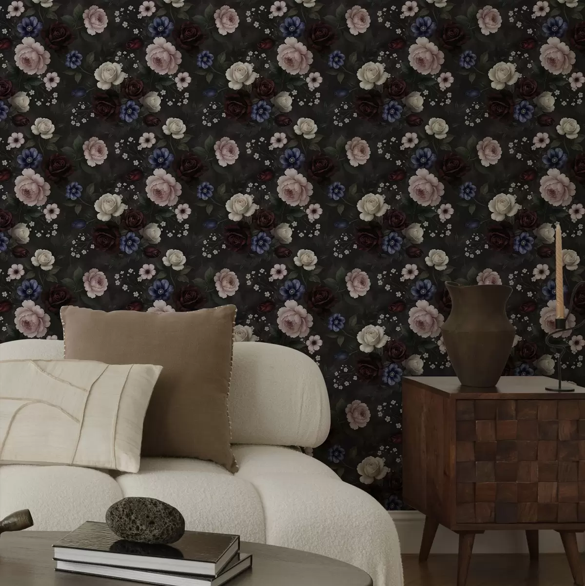 Tapete Dunkle Rosen, Anemonen und Pfingstrosen vor einem dunklen Hintergrund a00704