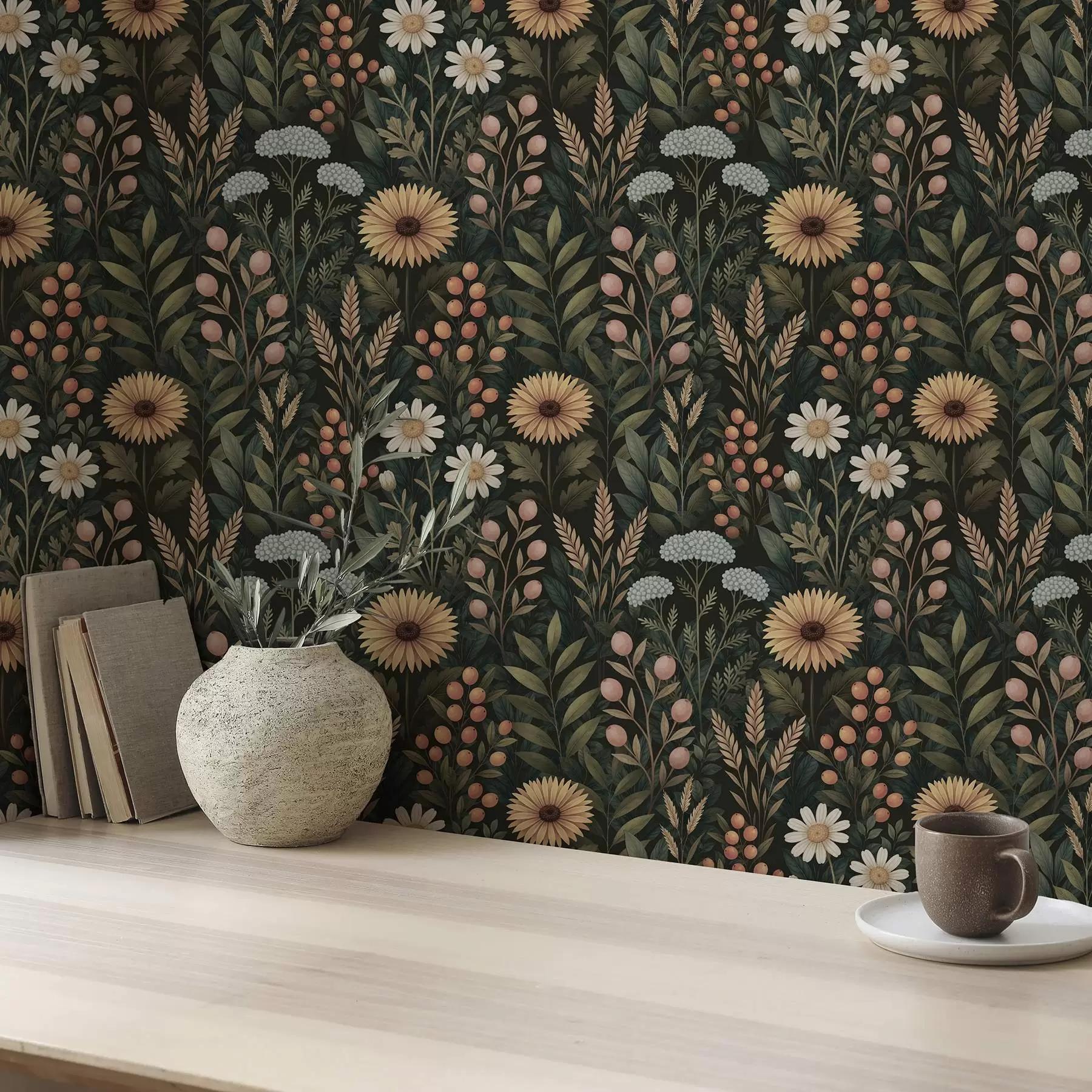 Fototapete Wildblumen und Beeren auf dunklem Hintergrund, natürliches Ornament a00707