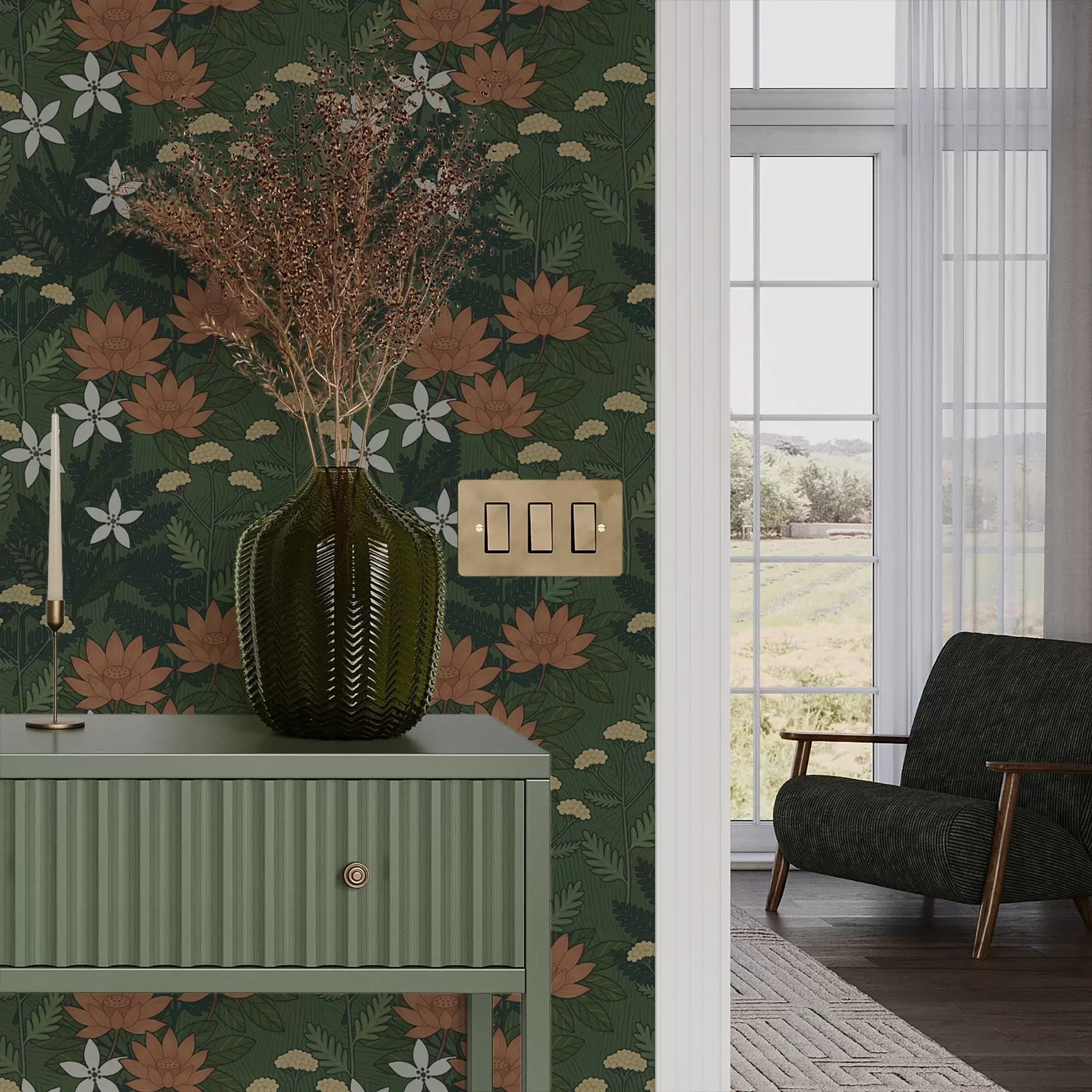 Fototapete Große Blumen zwischen grünem Laub, dekorative Komposition a00708