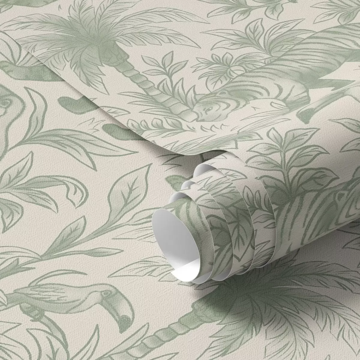 Tapete Tiger und tropische Vögel zwischen Palmen vor hellem Hintergrund a00711