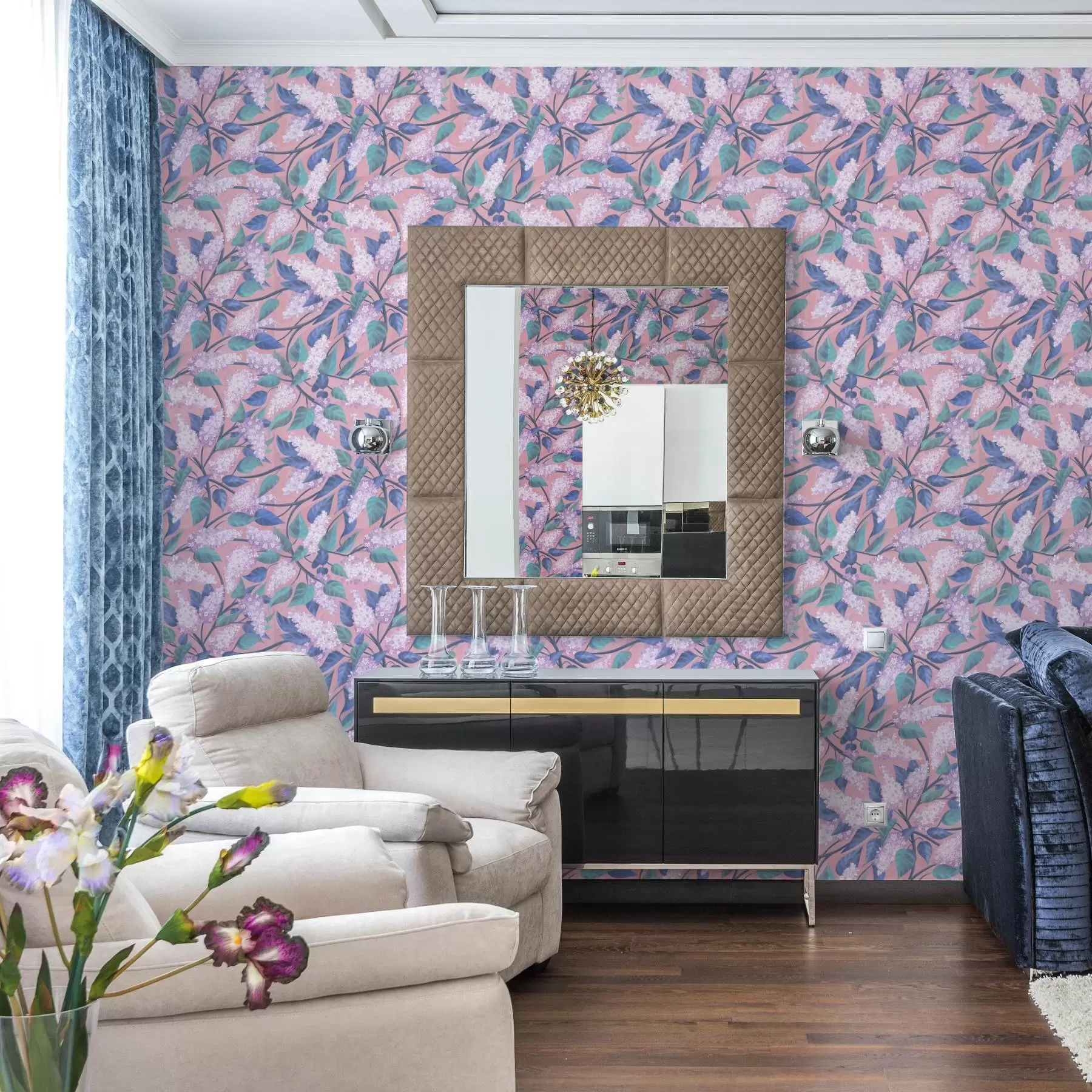 Fototapete Zarte lila Blüten auf rosa Hintergrund, Frühlingsstimmung a00797