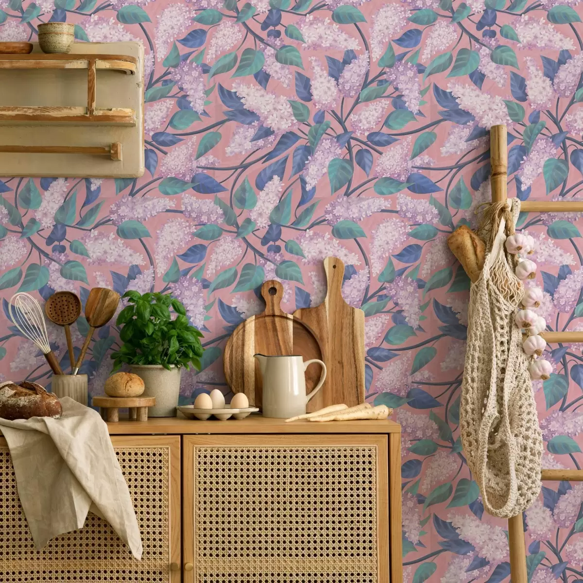 Tapete Zarte lila Blüten auf rosa Hintergrund, Frühlingsstimmung a00797