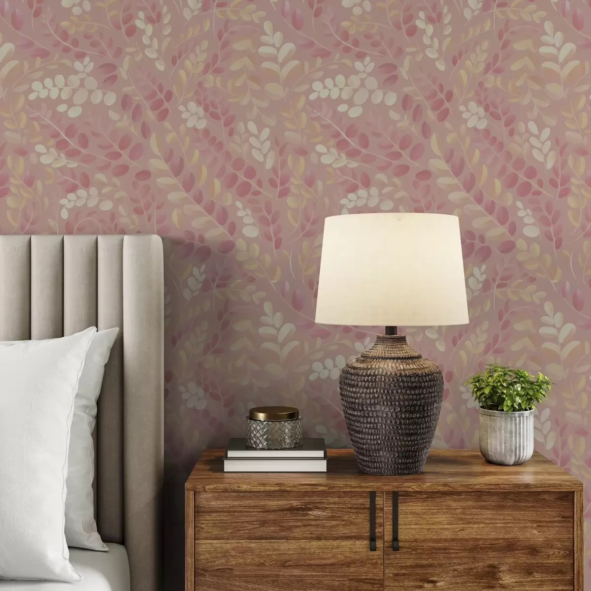 Tapete Zartes rosa-pfirsichfarbenes Laub mit einem sanften Farbschimmer a00799