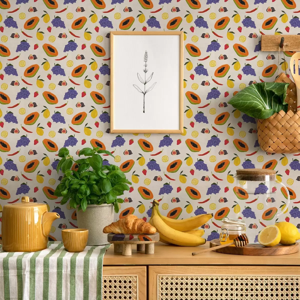 Tapete Papaya, Trauben und Zitronen – eine bunte Fruchtmischung a00803