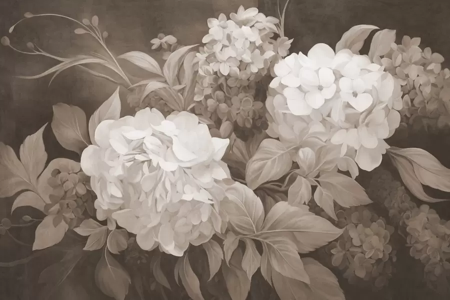 Fototapete Strukturierte Sepia-Malerei-Imitation von Hortensienblüten mit großen Blättern, abstraktem und dunklem Hintergrund w09465