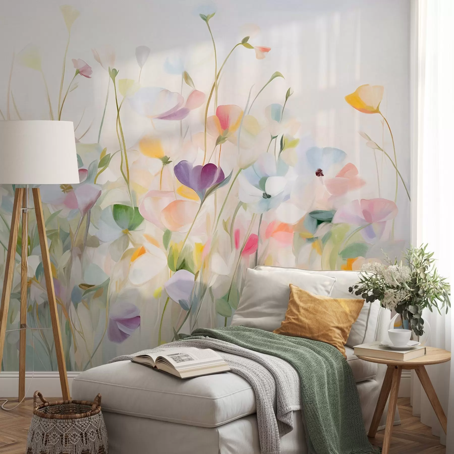 Fototapete Abstraktes Feld mit bunten Blumen mit langen Stielen und grünen Blättern, strukturiert, pastellfarben, helle Farben w09466