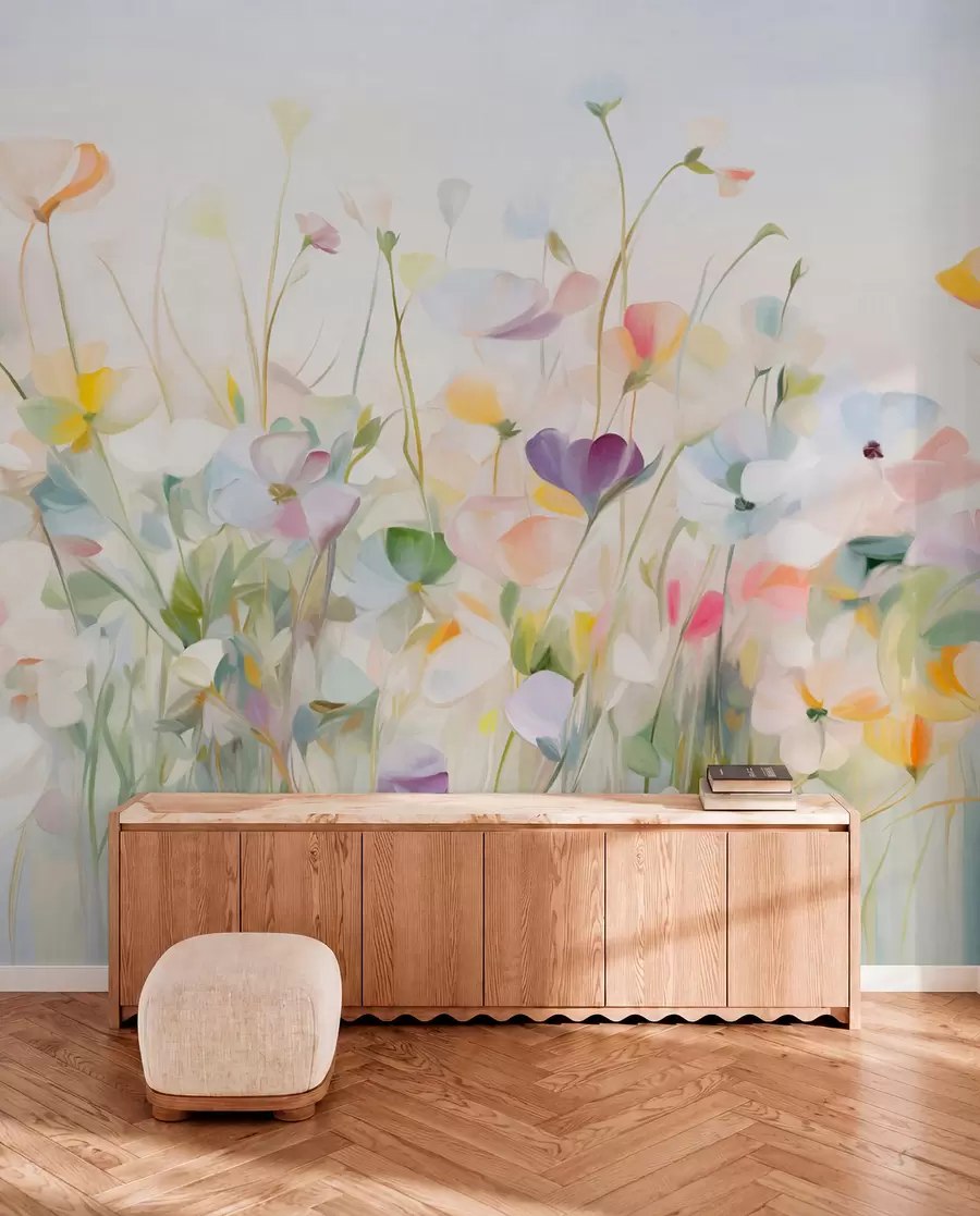 Fototapete Abstraktes Feld mit bunten Blumen mit langen Stielen und grünen Blättern, strukturiert, pastellfarben, helle Farben w09466