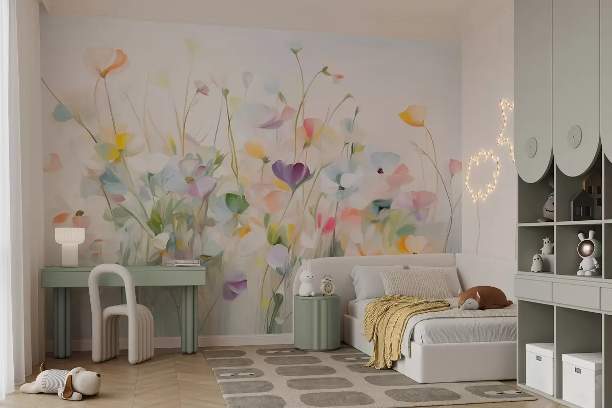 Fototapete Abstraktes Feld mit bunten Blumen mit langen Stielen und grünen Blättern, strukturiert, pastellfarben, helle Farben w09466