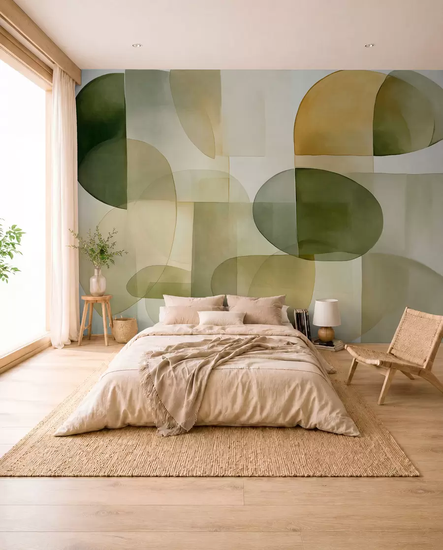 Fototapete Abstrakte, strukturierte Formen in Grün- und Gelbtönen, gedeckte Farben, minimalistische Komposition, neutraler Hintergrund w09467