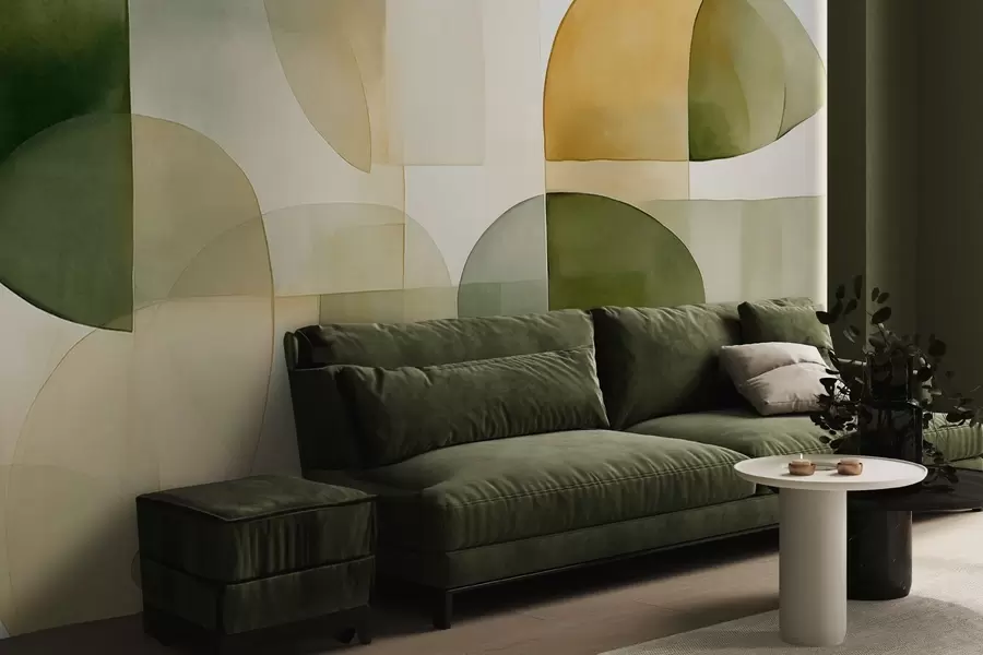 Fototapete Abstrakte, strukturierte Formen in Grün- und Gelbtönen, gedeckte Farben, minimalistische Komposition, neutraler Hintergrund w09467