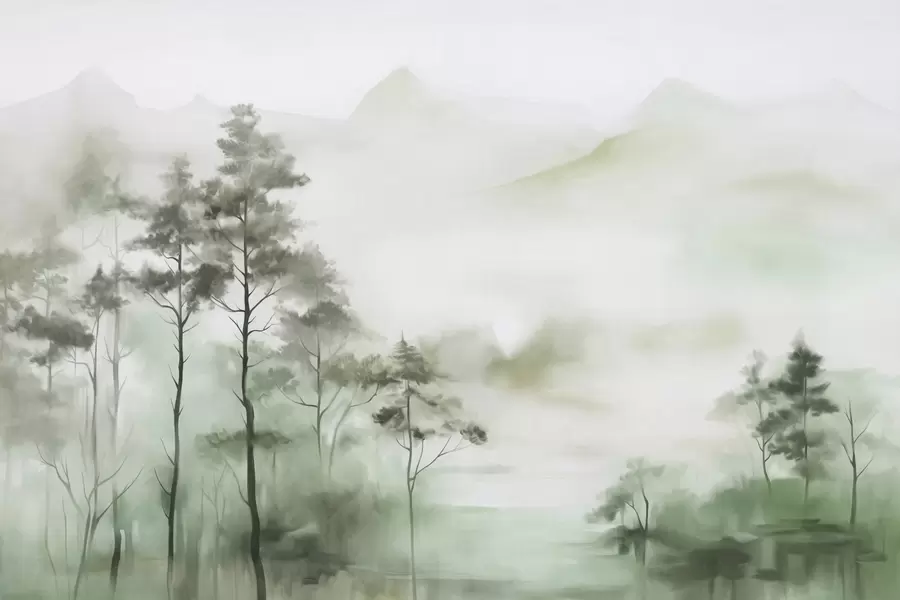 Fototapete Neblige Landschaft mit hohen Bäumen und Bergen in gedämpften Grün- und Grautönen, minimalistischer Stil, strukturiert w09469