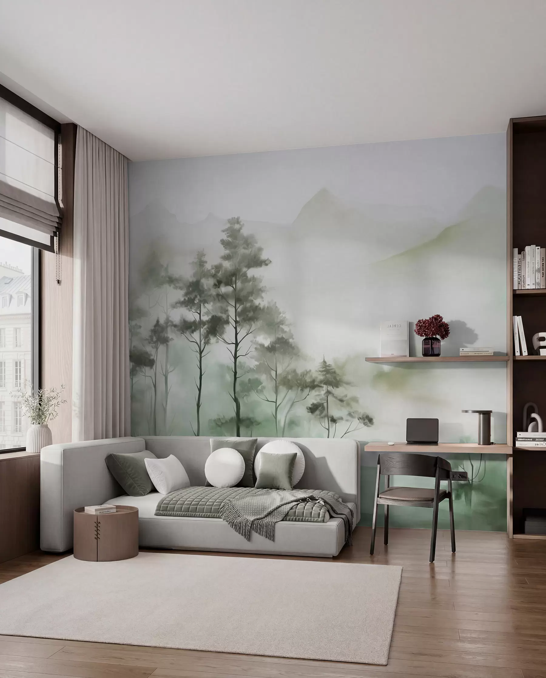 Fototapete Neblige Landschaft mit hohen Bäumen und Bergen in gedämpften Grün- und Grautönen, minimalistischer Stil, strukturiert w09469