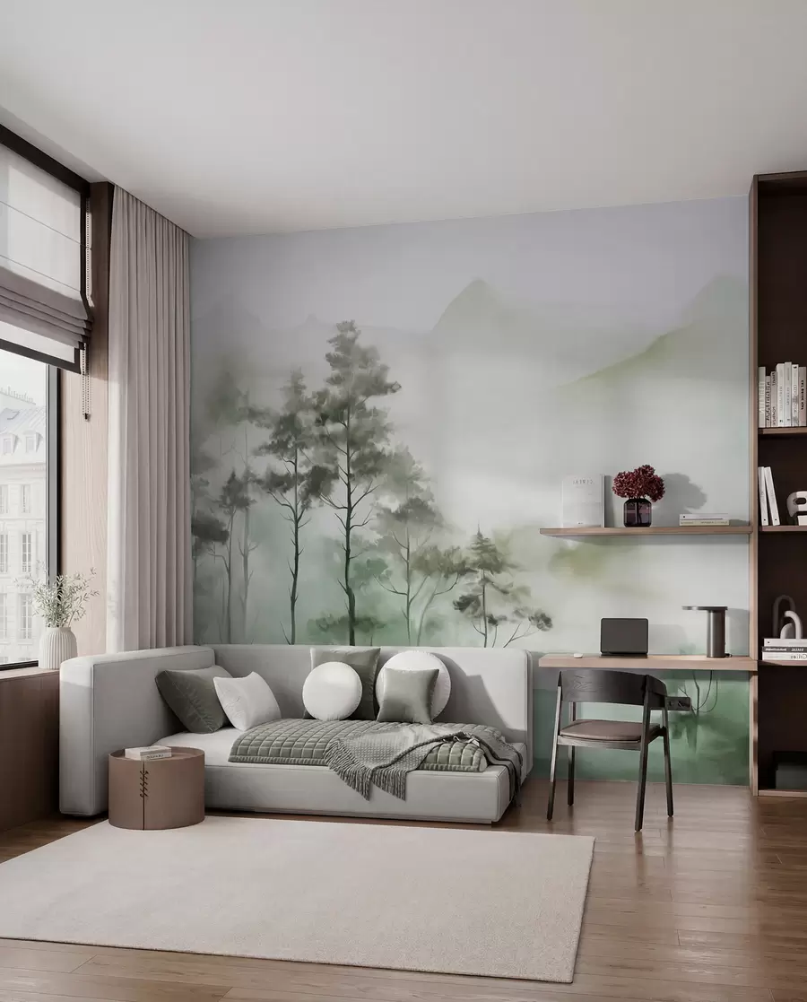 Fototapete Neblige Landschaft mit hohen Bäumen und Bergen in gedämpften Grün- und Grautönen, minimalistischer Stil, strukturiert w09469
