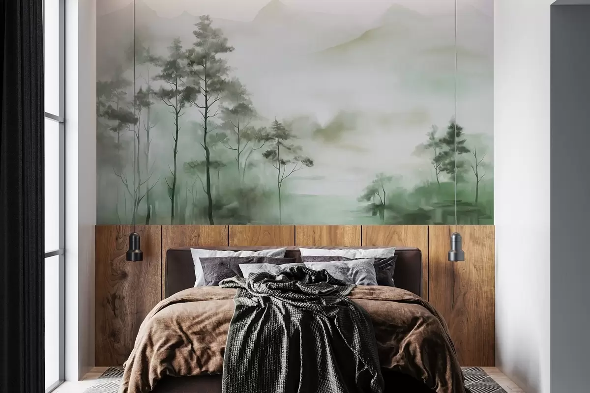 Fototapete Neblige Landschaft mit hohen Bäumen und Bergen in gedämpften Grün- und Grautönen, minimalistischer Stil, strukturiert w09469
