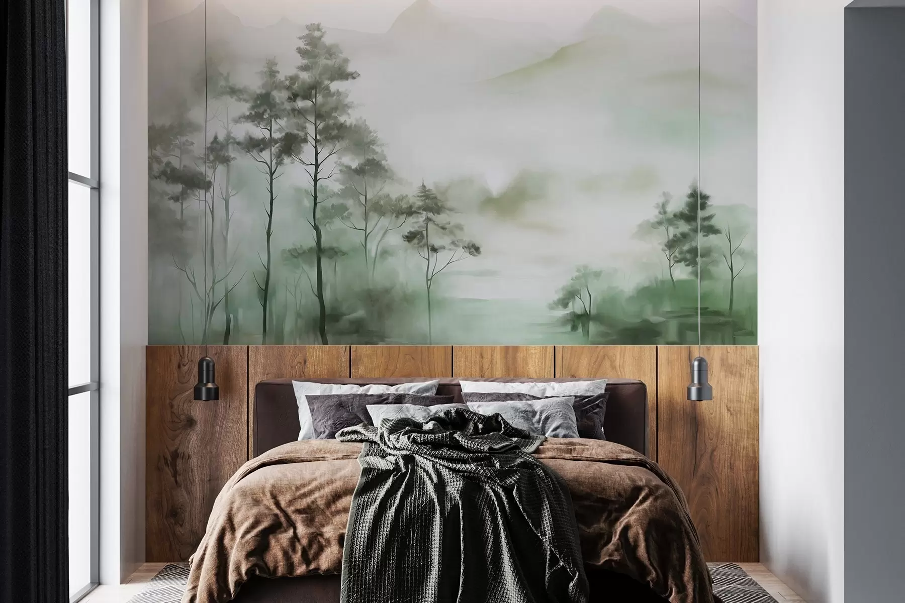 Fototapete Neblige Landschaft mit hohen Bäumen und Bergen in gedämpften Grün- und Grautönen, minimalistischer Stil, strukturiert w09469