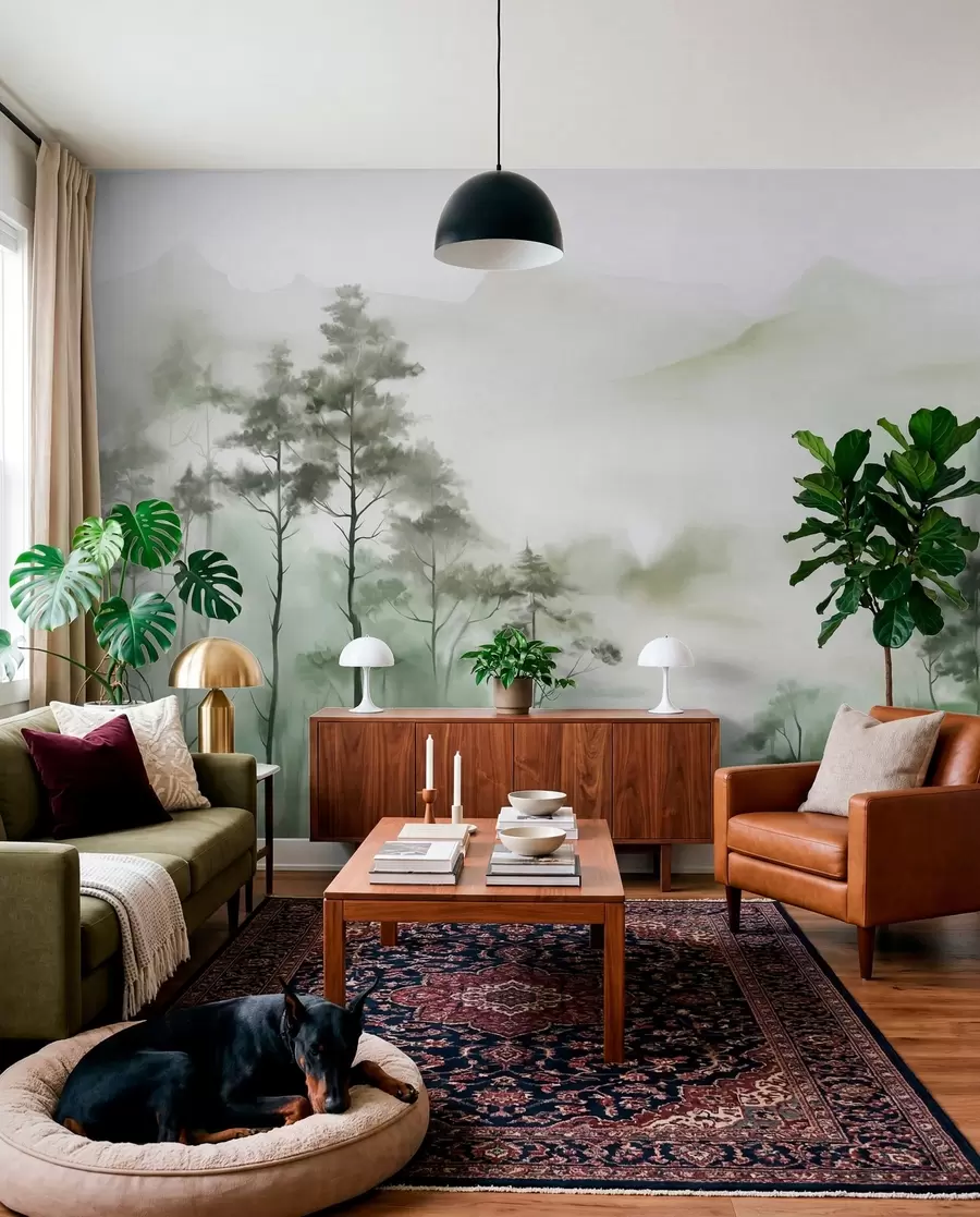 Fototapete Neblige Landschaft mit hohen Bäumen und Bergen in gedämpften Grün- und Grautönen, minimalistischer Stil, strukturiert w09469