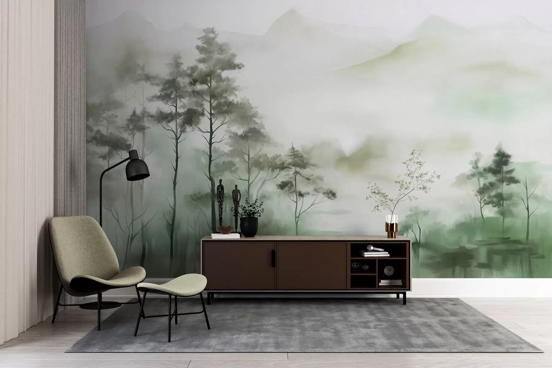 Fototapete Neblige Landschaft mit hohen Bäumen und Bergen in gedämpften Grün- und Grautönen, minimalistischer Stil, strukturiert w09469