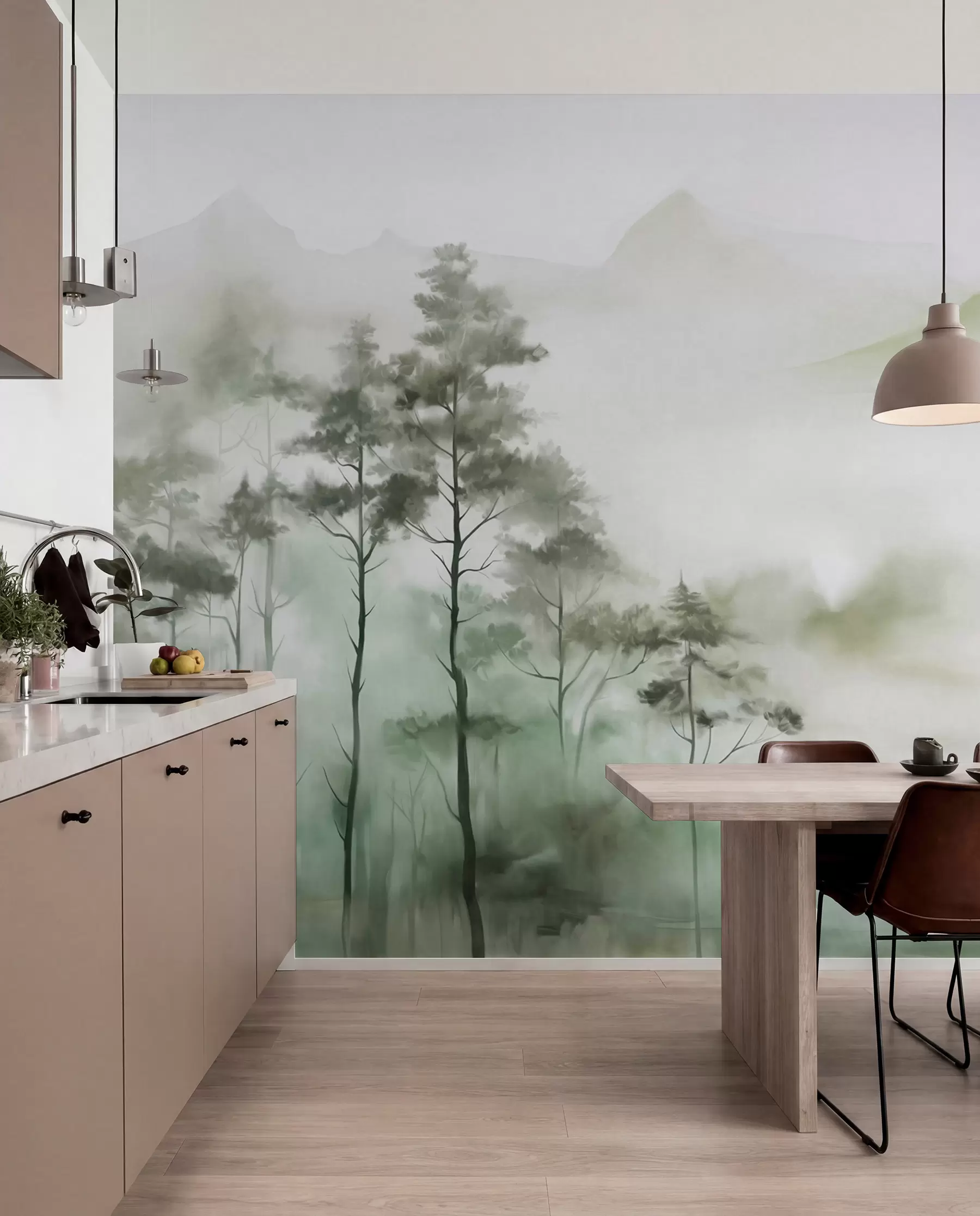 Fototapete Neblige Landschaft mit hohen Bäumen und Bergen in gedämpften Grün- und Grautönen, minimalistischer Stil, strukturiert w09469