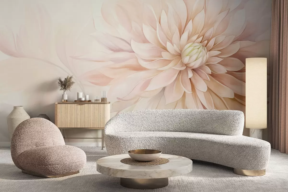 Fototapete Eine hellrosa Dahlienblüte mit vielen Blütenblättern, weicher Pastellhintergrund mit einem Hauch von Grün und Beige w09470
