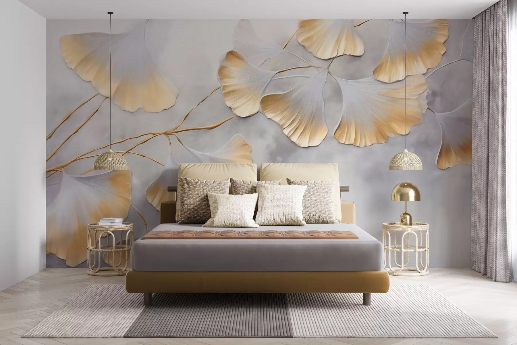 Fototapete Ginkgo-Biloba-Blätter mit gelben Rändern an einem Ast, grauer strukturierter Hintergrund, elegantes und minimalistisches Design w09472
