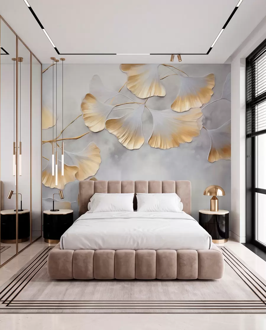 Fototapete Ginkgo-Biloba-Blätter mit gelben Rändern an einem Ast, grauer strukturierter Hintergrund, elegantes und minimalistisches Design w09472