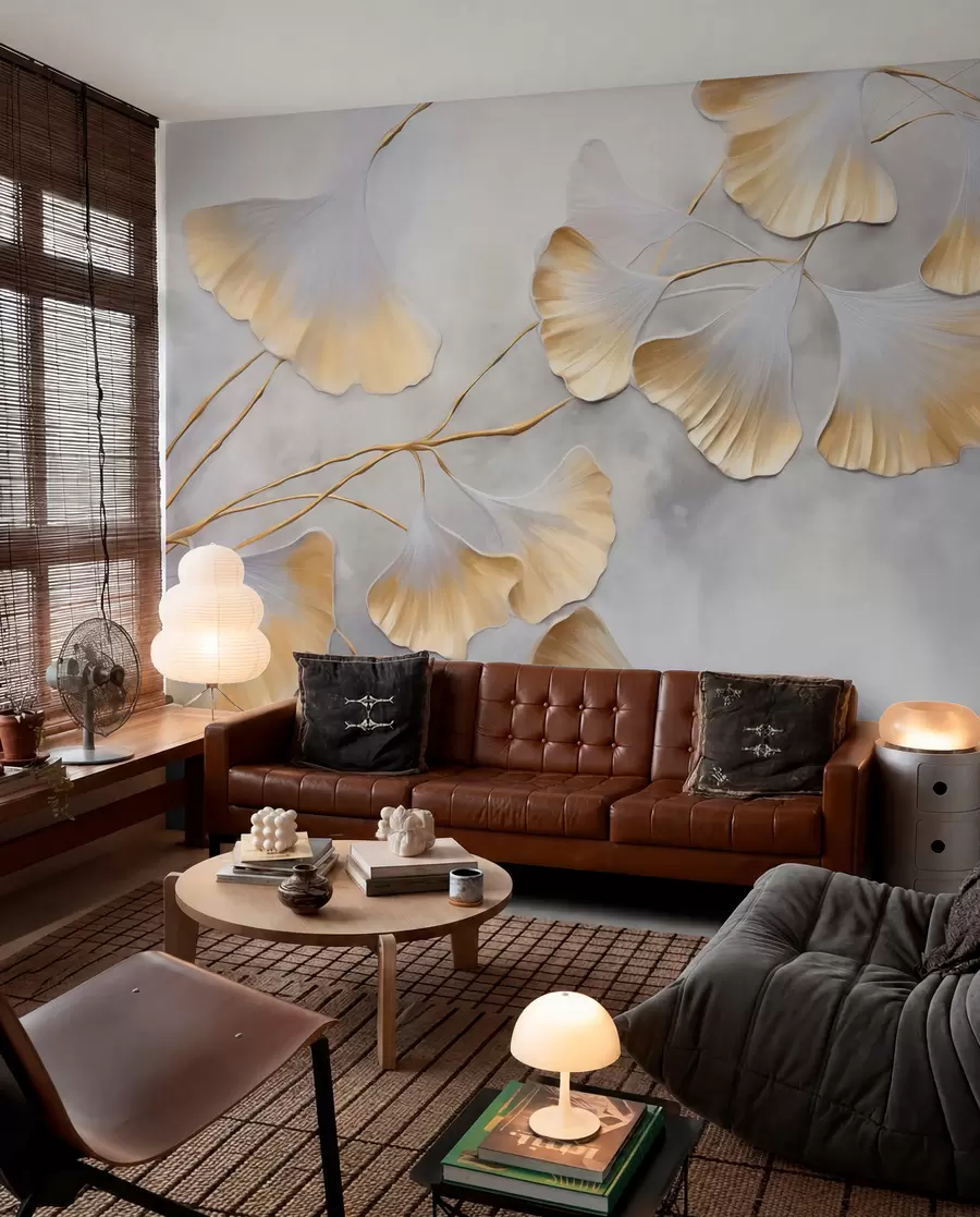 Fototapete Ginkgo-Biloba-Blätter mit gelben Rändern an einem Ast, grauer strukturierter Hintergrund, elegantes und minimalistisches Design w09472