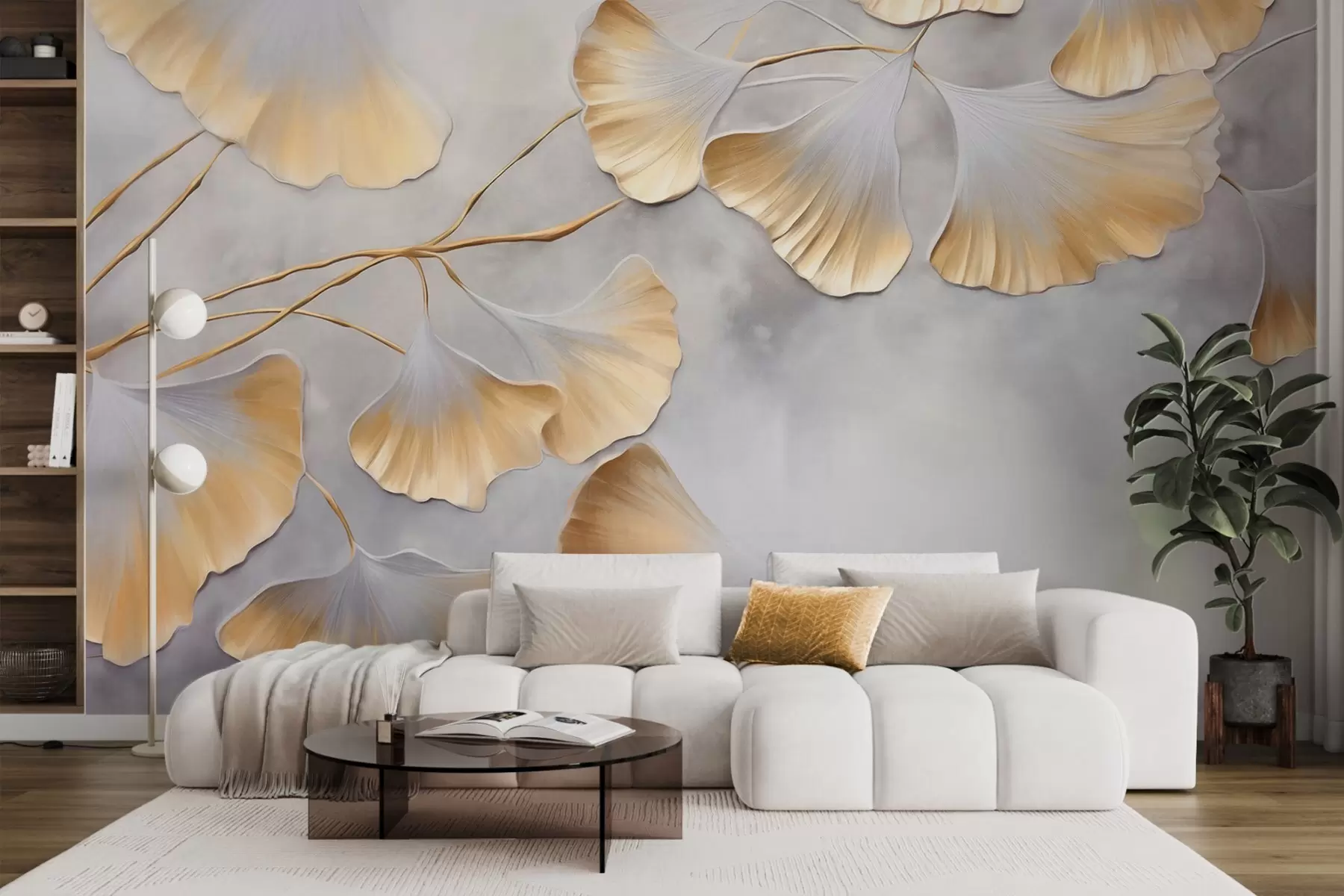 Fototapete Ginkgo-Biloba-Blätter mit gelben Rändern an einem Ast, grauer strukturierter Hintergrund, elegantes und minimalistisches Design w09472