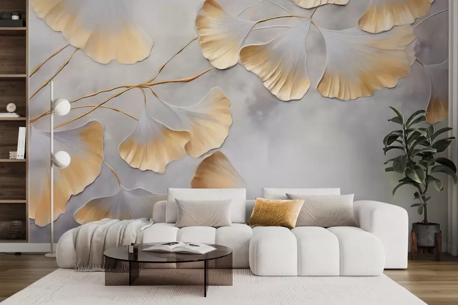 Fototapete Ginkgo-Biloba-Blätter mit gelben Rändern an einem Ast, grauer strukturierter Hintergrund, elegantes und minimalistisches Design w09472