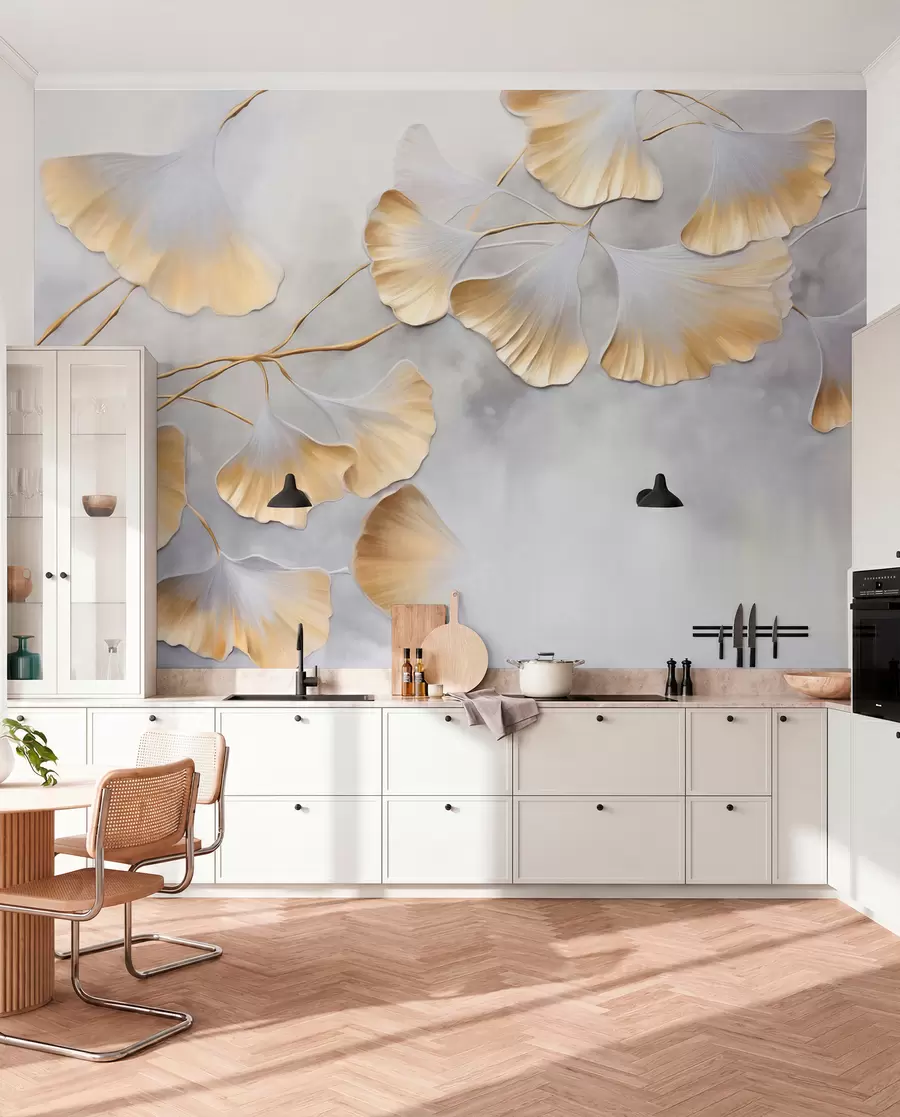 Fototapete Ginkgo-Biloba-Blätter mit gelben Rändern an einem Ast, grauer strukturierter Hintergrund, elegantes und minimalistisches Design w09472
