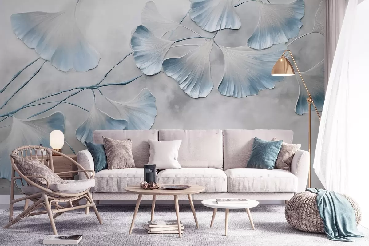 Fototapete Ginkgo-Biloba-Blätter mit blauen Rändern an einem Ast, grauer strukturierter Hintergrund, elegantes und minimalistisches Design w09472v1