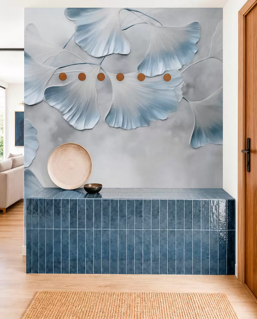Fototapete Ginkgo-Biloba-Blätter mit blauen Rändern an einem Ast, grauer strukturierter Hintergrund, elegantes und minimalistisches Design w09472v1