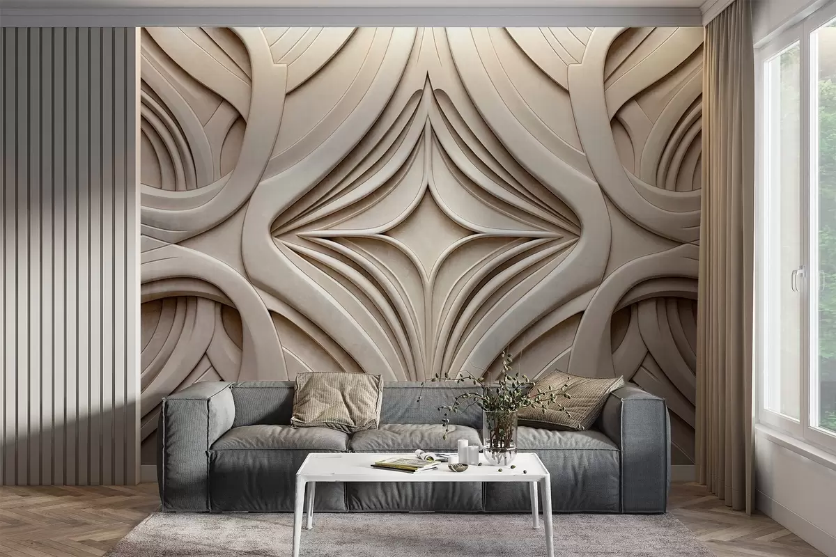 Fototapete Abstrakter symmetrischer geometrischer Druck mit Struktur, hellbeige Farbe, Art-Déco-Stil, aufwendige Details w09473