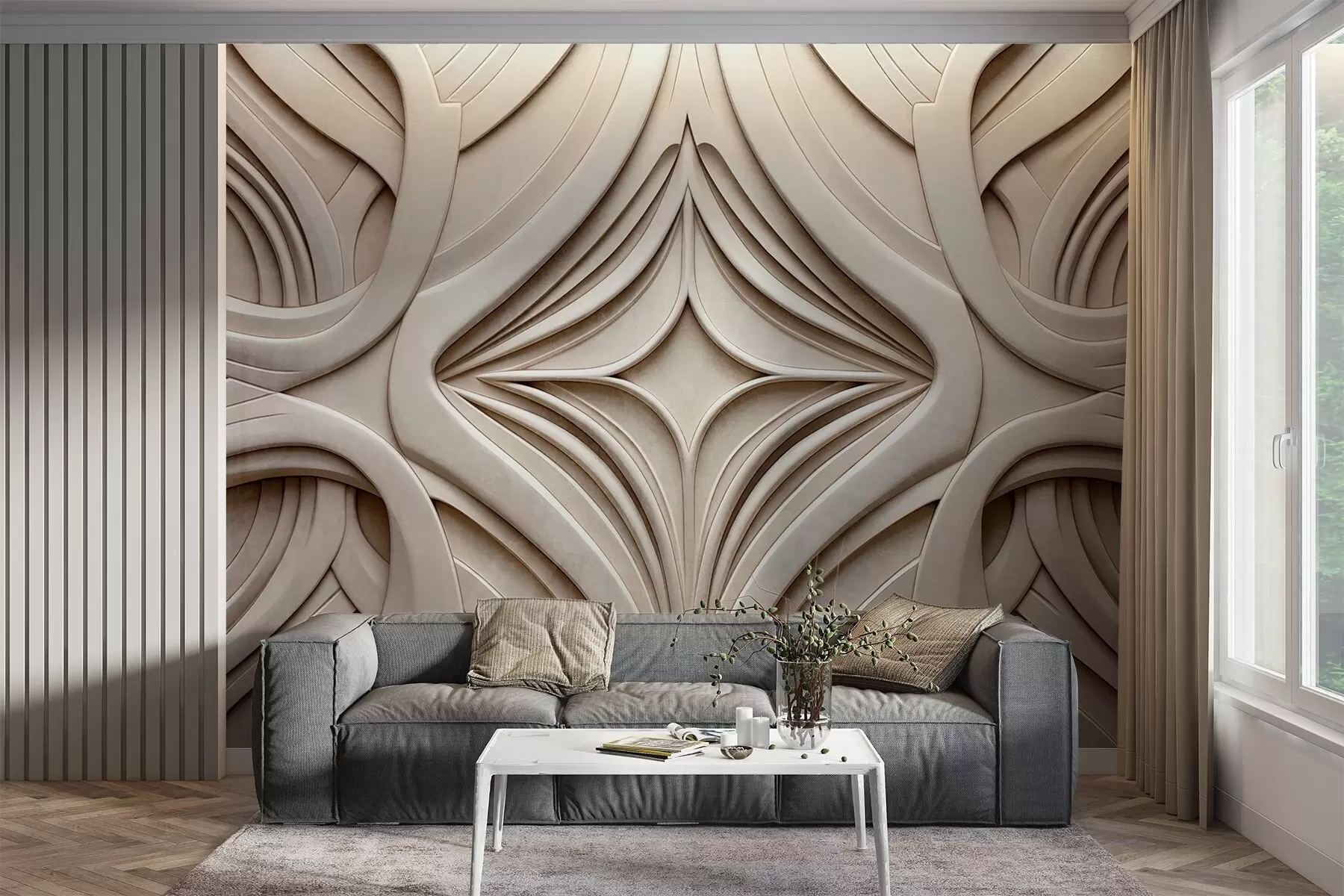 Fototapete Abstrakter symmetrischer geometrischer Druck mit Struktur, hellbeige Farbe, Art-Déco-Stil, aufwendige Details w09473