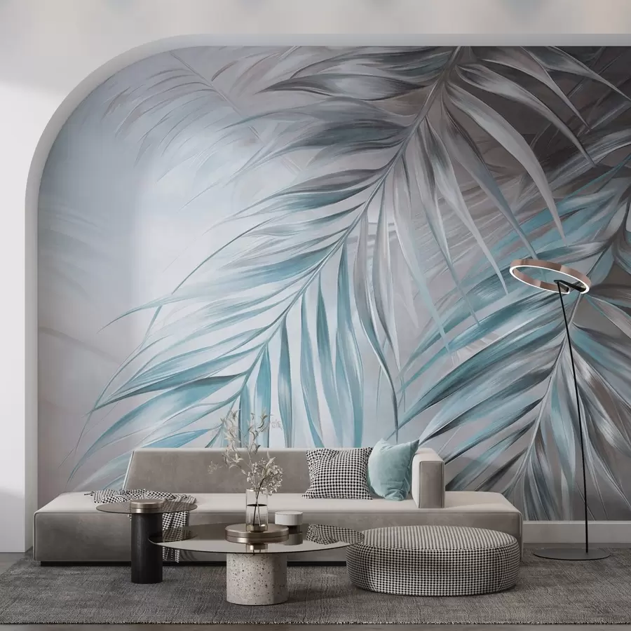 Fototapete Palmblätter in Grau- und Blautönen, heller strukturierter Hintergrund mit sanften Farben, eleganter tropischer Stil w09475v1