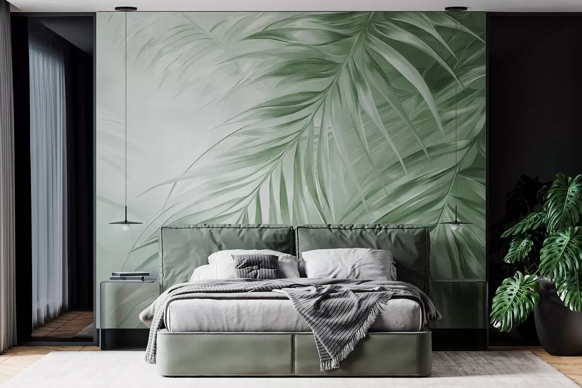 Fototapete Palmblätter in Grüntönen, heller strukturierter Hintergrund mit sanften Farben, eleganter tropischer Stil w09475v2