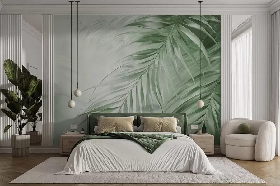 Fototapete Palmblätter in Grüntönen, heller strukturierter Hintergrund mit sanften Farben, eleganter tropischer Stil w09475v2