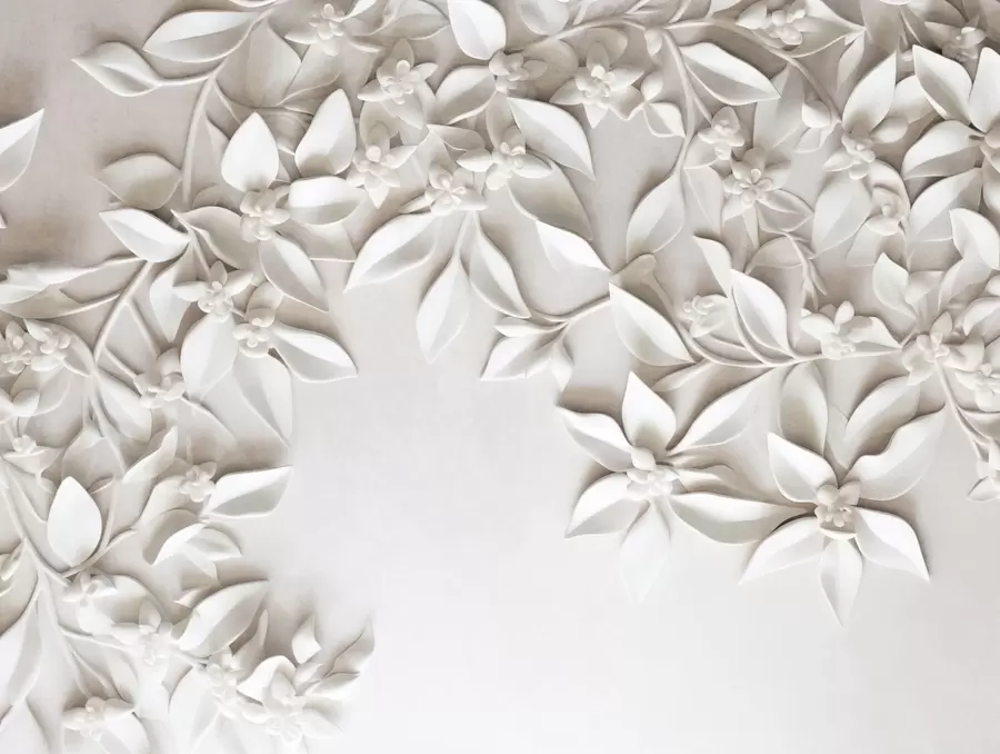 Fototapete Weiße strukturierte Blumen und Blätter, Blumenarrangement, elegantes Design, minimalistischer Stil, dekorative Kunst w09479