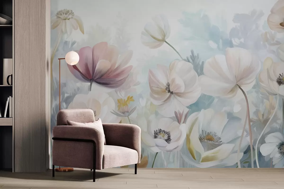 Fototapete Ein Feld mit pastellfarbenen Blumen mit zarten Blütenblättern und weichen grünen Blättern, in einem verträumten, strukturierten Aquarellstil w09481