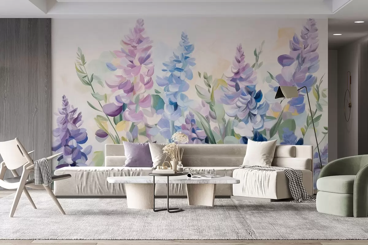 Fototapete Lila und blaue strukturierte Blumen mit blauen Blättern, heller Hintergrund, weiche Pinselstriche, lebendige Farben w09482