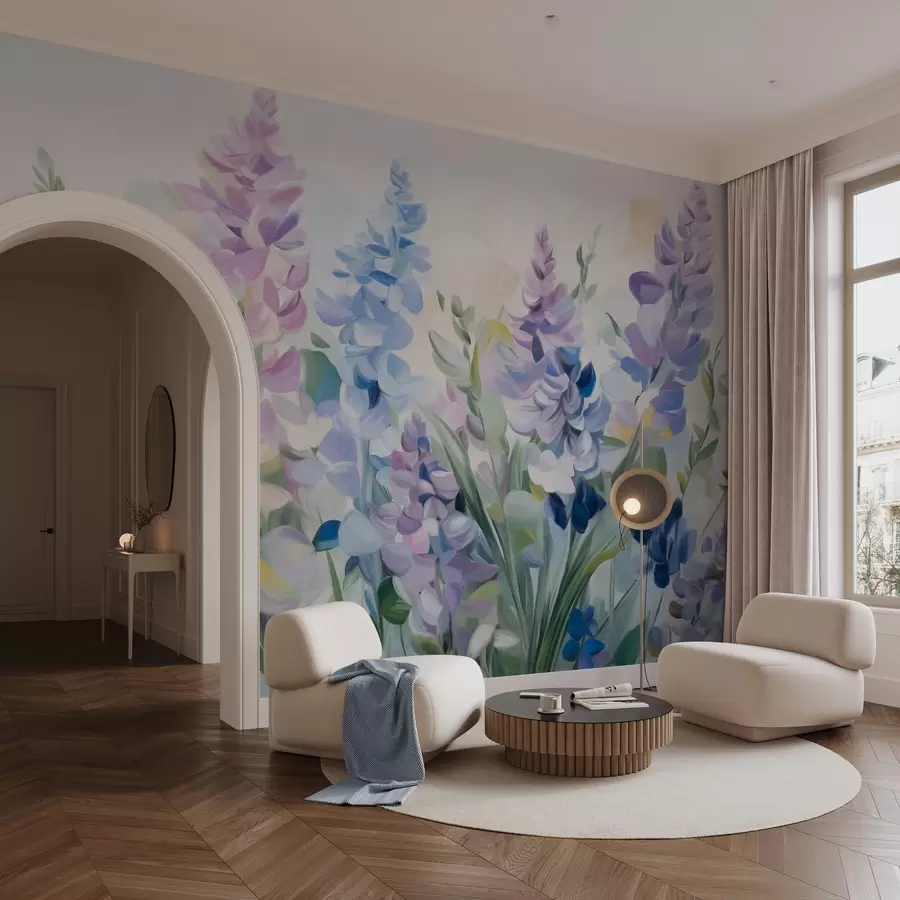Fototapete Lila und blaue strukturierte Blumen mit blauen Blättern, heller Hintergrund, weiche Pinselstriche, lebendige Farben w09482