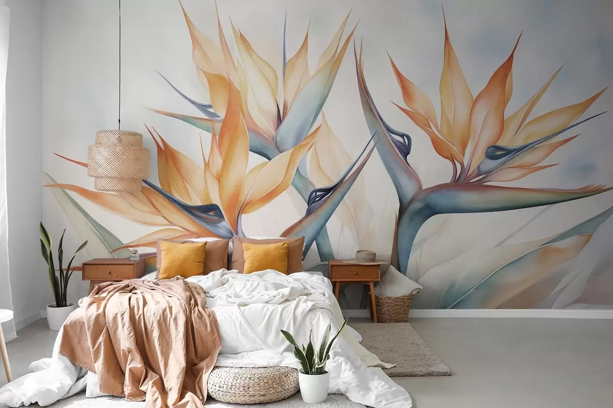 Fototapete Paradiesvogelblume, Strelitzia mit orangefarbenen Blütenblättern, weicher Aquarellstil, heller Hintergrund w09483