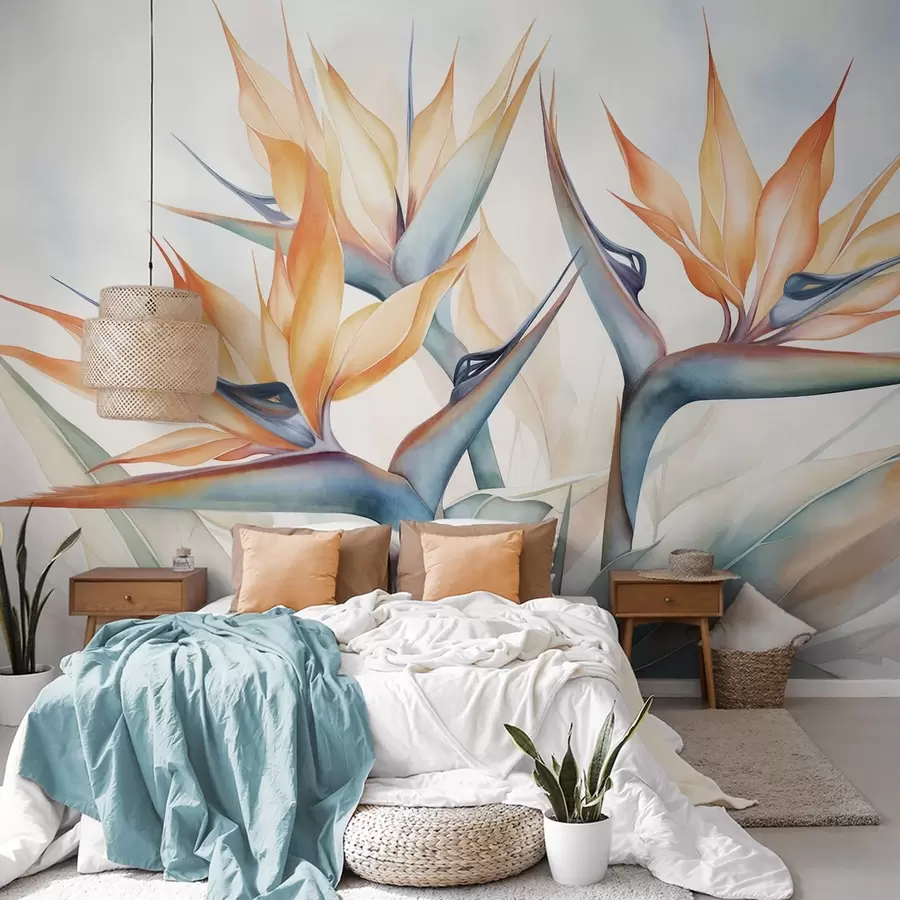Fototapete Paradiesvogelblume, Strelitzia mit orangefarbenen Blütenblättern, weicher Aquarellstil, heller Hintergrund w09483